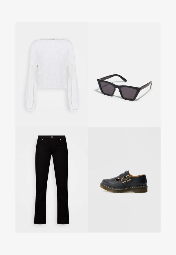 Blusa blanca de manga larga con cuerpo fruncido y mangas abullonadas recogidas en las muñecas, mostrada sobre un fondo simple.; Vaqueros negros de mezclilla, con un ajuste slim, diseño de cinco bolsillos, cierre de botón y sutiles acentos en cobre en los remaches.; Zapato de cuero negro con dos correas de hebilla, detalles perforados, puntera redondeada y un acento de costura amarilla alrededor de la suela.; Gafas de sol negras y angulares con lentes grises; fabricadas en plástico, con varillas gruesas de superficie suave y sin herrajes visibles.