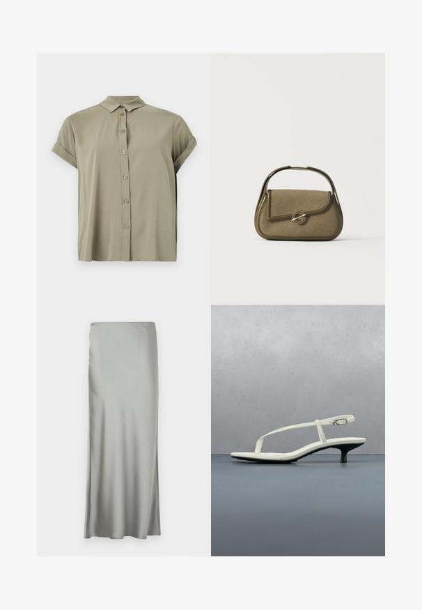 Kortærmet skjorte i olivengrøn farve med knapper, lavet af letvægtsstof, med klassisk krave og optrullede manchetter.; Lys grå, satin maxi-nederdel med en glat tekstur og sideslids, designet med en lige skæring for en flydende silhuet.; Hvid sandal med stropper og kitten-hæl med spids tå, svævende over et trægulv udendørs med en sløret plante og væg i baggrunden.; Lille olivengrøn håndtaske med afrundede kanter, et topgreb og en klaplukning sikret med en cirkulær metalbeslag.