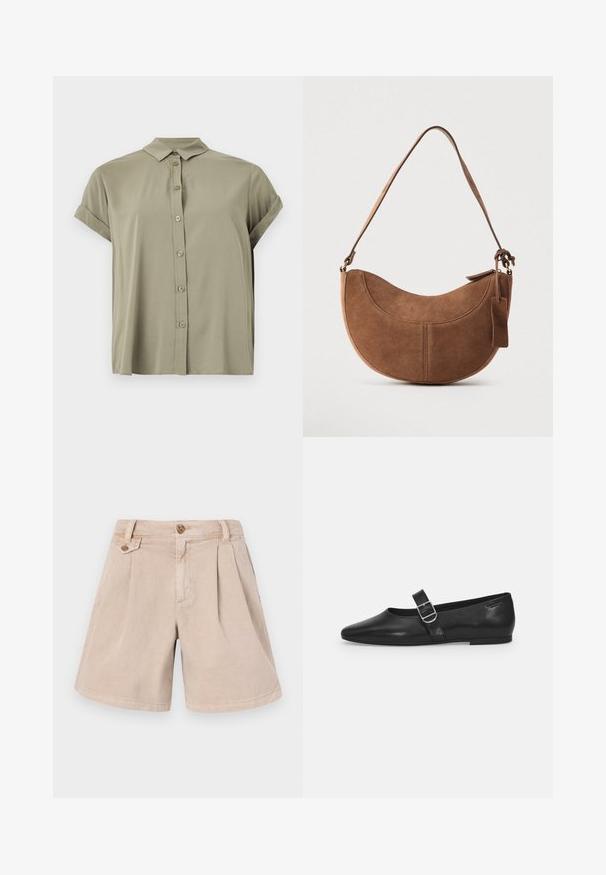 Kortærmet skjorte i olivengrøn farve med knapper, lavet af letvægtsstof, med klassisk krave og optrullede manchetter.; Beige bomuldsshorts med en plisseret design, der har to forlommer, en lige pasform og en enkelt knaplukning i taljen.; Sorte læder flade sko med rund tå, et enkelt justerbart spænde og en glat, blank overflade. Minimalistisk design med en lav hæl.; Brun ruskinds håndtaske med en buet, halvmåneformet silhuet. Har en skulderrem, et lille mærke og synlige sømme langs kanterne.