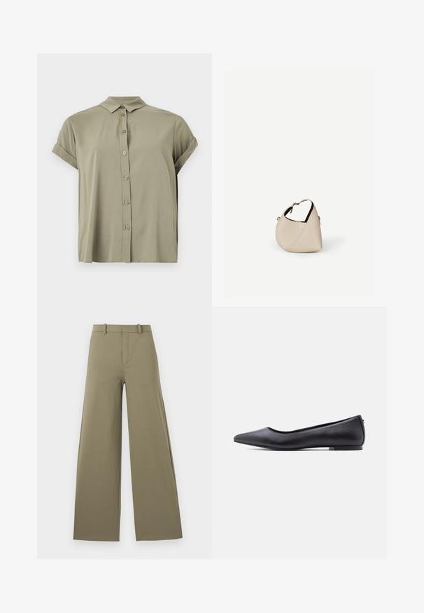 Korte mouwen, olijfgroen button-up shirt gemaakt van lichtgewicht stof, met een klassieke kraag en opgerolde mouwen.; Lichtgroene wijde broek met een gladde textuur, voorzien van een voorrits, ceintuurlussen en twee zijzakken.; Zwarte platte leren schoen met puntige neus en lage hak, zijaanzicht tegen een witte achtergrond.; Beige leren handtas in halvemaanvorm met een enkele schouderband en minimale stiksels, afgebeeld tegen een effen witte achtergrond.