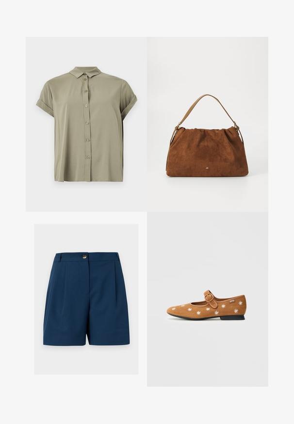 Korte mouwen, olijfgroen button-up shirt gemaakt van lichtgewicht stof, met een klassieke kraag en opgerolde mouwen.; Marineblauwe op maat gemaakte korte broek met voorplooien, riemlussen en een gouden knoopsluiting in de taille.; Bruine suède Mary Jane-schoen met een gesp en witte bloemrijke borduursels over het bovenwerk en een lage, zwarte hak.; Bruine suède handtas met een geplooid ontwerp, voorzien van een enkele tan kleur leren schouderband en een subtiele gouden logo-detail aan de voorkant.