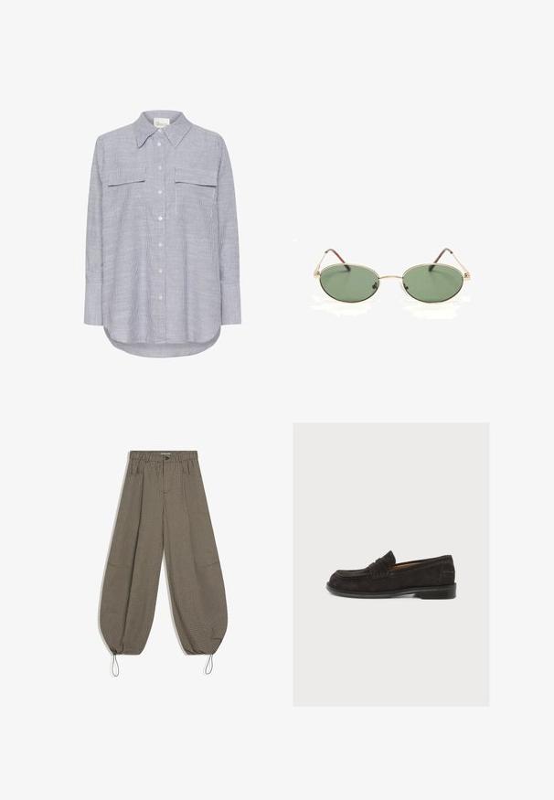 Gestreepte button-up shirt in blauw en wit. Heeft een klassieke kraag, twee borstzakken en lange mouwen met knoopmanchetten.; Bruin-zwart geruite wijde broek met elastische tailleband, voorzakken, knoopsluiting en verstelbare trekkoorden bij de enkels.; Zwarte suède herensloffer met gestikte bovenkant en platte rubberen zool, gezien vanaf de zijkant op een eenvoudige lichte achtergrond.; Ovale zonnebril met goudkleurig metalen montuur, groene getinte glazen en dunne pootjes, liggend op een witte ondergrond.