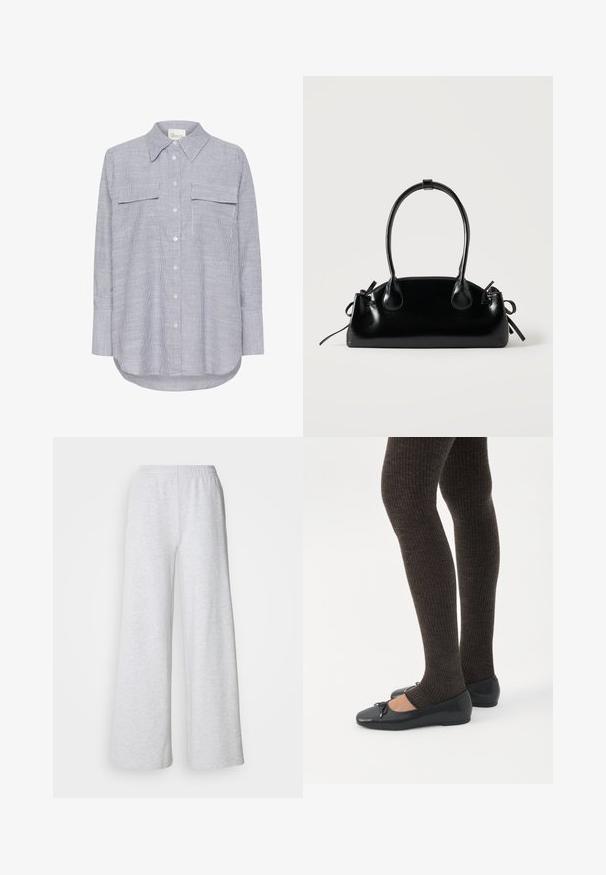 Gestreepte button-up shirt in blauw en wit. Heeft een klassieke kraag, twee borstzakken en lange mouwen met knoopmanchetten.; Lichtgrijze wijde broek met een elastische tailleband, gemaakt van zachte stof met een subtiele textuur en zonder zichtbare patronen of accenten.; Benen met donkere geribbelde leggings gecombineerd met zwarte ballerina's met kleine strikdetails op een witte achtergrond.; Kleine zwarte glanzende handtas met twee lange hengsels en zijkant trekkoord details op een effen lichte achtergrond.