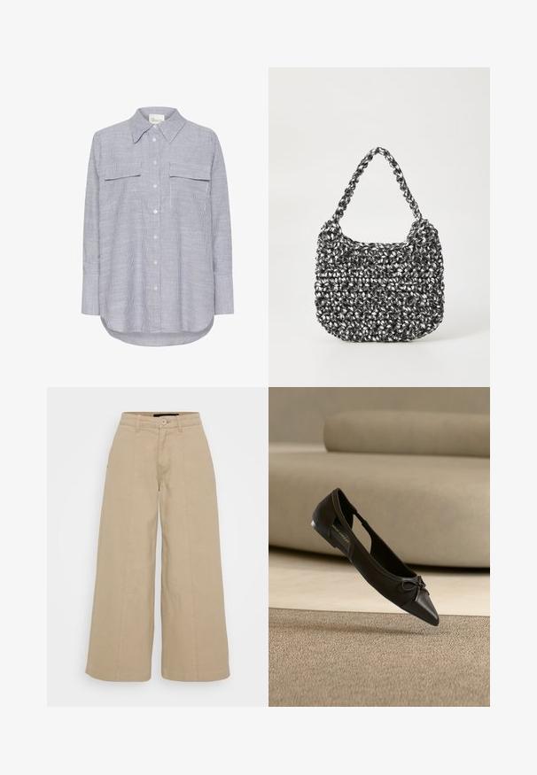 Gestreiftes Hemd in Blau und Weiß. Verfügt über einen klassischen Kragen, zwei Brusttaschen und lange Ärmel mit knöpfbaren Manschetten.; Beige weite Hosen aus Baumwollmischung mit vorderen Falten, einem Knopfverschluss und zwei Seitentaschen für Funktionalität.; Schwarzer spitzer flacher Schuh mit kleiner Schleifendetail, gezeigt über einem beigen Teppich und vor einem beigen Sofa.; Gewebte Handtasche in Schwarz und Weiß mit runder Form, strukturiertem Oberflächenfinish und geflochtener Grifffläche. Geeignet für den lässigen Gebrauch.
