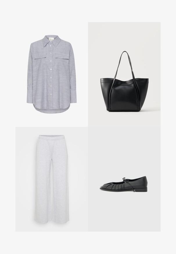Camisa de botones a rayas en azul y blanco. Presenta un cuello clásico, dos bolsillos en el pecho y mangas largas con puños abotonados.; Pantalones deportivos de pierna ancha en gris claro con cintura elástica, confeccionados con una tela suave y texturizada. Sin patrones ni adornos visibles.; Zapato plano negro con diseño delantero plisado y un lazo atado en la parte superior, tacón bajo y textura lisa sobre un fondo gris claro.; Bolso tote de cuero negro con dos asas largas y un borde superior ligeramente curvado, mostrado sobre un fondo claro y liso.