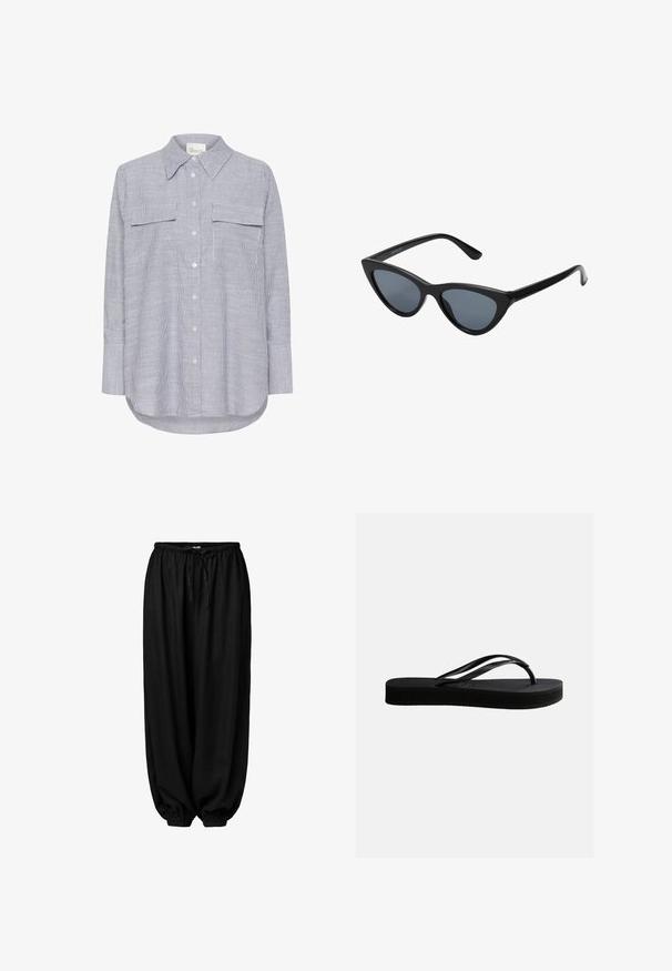 Camisa de botones a rayas en azul y blanco. Presenta un cuello clásico, dos bolsillos en el pecho y mangas largas con puños abotonados.; Pantalones negros sueltos con cintura elástica y cordón, puños elásticos estrechos, hechos de tela suave para uso informal.; Chancla negra de goma con suela texturizada y correa en forma de Y, mostrada en vista lateral sobre un fondo liso y claro.; Gafas de sol negras en forma de ojo de gato con lentes gris oscuro, marco de plástico elegante, esquinas puntiagudas y patillas rectas. Sin herrajes ni acentos visibles.
