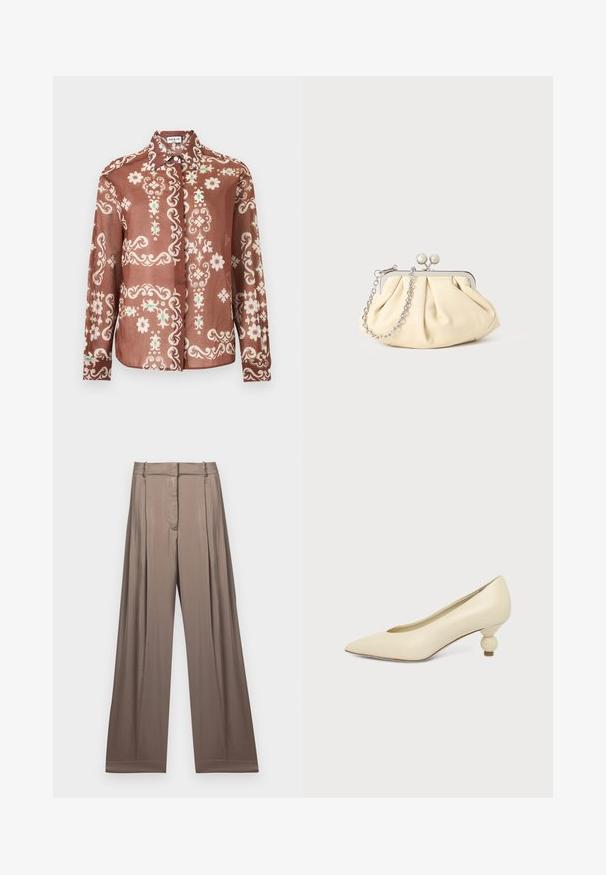 Chemise marron à manches longues avec des motifs floraux et ornementaux blancs et verts, boutonnée à l'avant, col pointu.; Pantalons à jambes larges de couleur taupe apaisée, fabriqués en tissu lisse avec une finition satinée. Dotés d'une taille cintrée et de plis subtils.; Chaussure femme couleur crème à bout pointu avec un petit talon rond en forme de boule, sur fond uni.; Pochette en cuir beige plissé avec un cadre en métal argenté, dotée de deux fermoirs ronds décoratifs et d'une chaîne en argent.