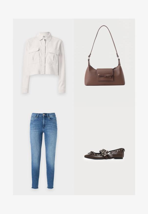 Lühi hallist karedast riidest jakk. Omab kraega kaelust, esist lukku ja kahte rinna-taskut. Pikad varrukad.; Sv light blue skinny jeans, millel on tuhmused ja udune pesu, valmistatud denimist. Omab nelja taskut, vööloopse ja narmendavaid ääri pahkluude juures.; Tumepruun nahast tasapinnaline king terava ninaosaga, topelt hõbedaste pandlatega rihmade, metallist silmade ja esiküljel dekoratiivse lipsuga.; Pruun nahast õlakott ees taskuga, millel on õmmeldud lipsu detail ja reguleeritav rihm.