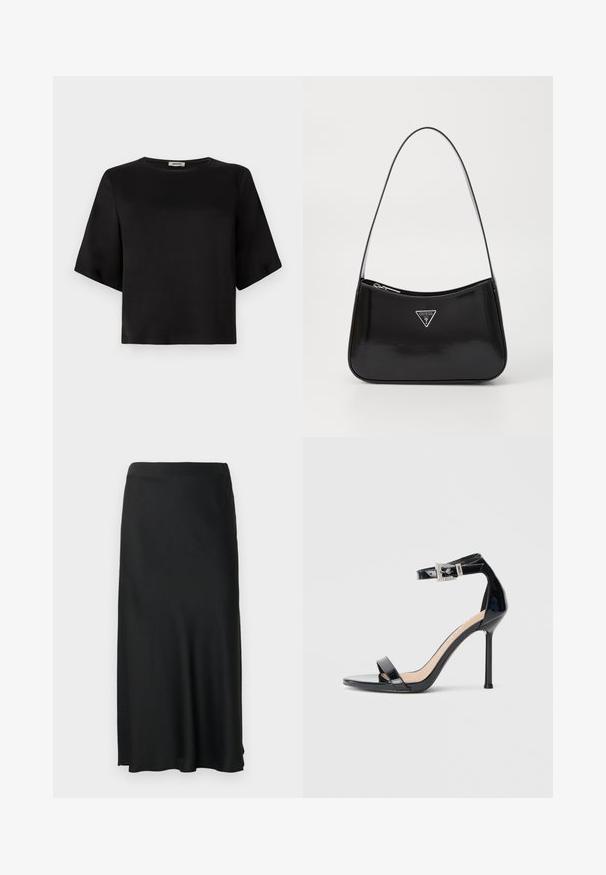 Zwarte, kortekappen top met een ronde halslijn, gemaakt van een gladde stof. Het ontwerp heeft een boxy silhouet en een nette afwerking.; Zwarte midi-rok met een gladde textuur, voorzien van een split aan de linkerkant en een elastische tailleband, met een eenvoudig, klassiek ontwerp.; Zwarte sandalen met hoge hak van lakleer en een enkelriempje. Heeft een minimalistisch ontwerp, open teen en een gesp met strass-steentjes.; Zwarte lakleren schoudertas met een gebogen vorm, voorzien van een zilveren driehoeklogo en een ritssluiting. Gladde textuur en slanke schouderband.