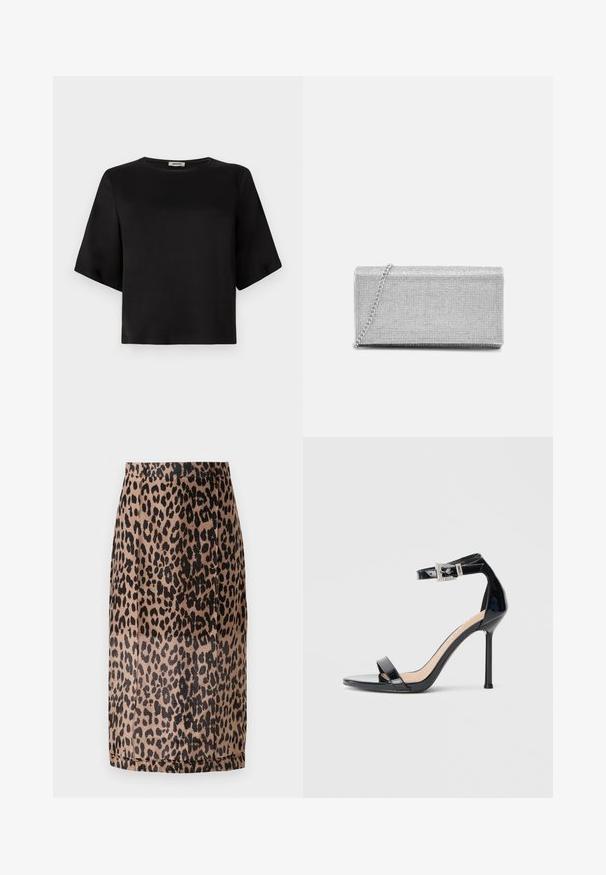 Camiseta negra de manga corta con un escote redondeado, fabricada con tela suave. El diseño presenta una silueta cuadrada y un acabado limpio.; Falda lápiz de estampado de leopardo en beige y negro. Tejido suave, diseño ajustado con un corte a la altura de la rodilla y una cinturilla oculta. Sin cierres visibles.; Sandalia de tacón alto en piel sintética negra con correa en el tobillo. Presenta un diseño minimalista, punta abierta y una hebilla con detalles de pedrería.; Bolso de mano metálico plateado con diseño de malla trenzada, forma rectangular y una cadena para llevar. Textura suave y acabado pulido.