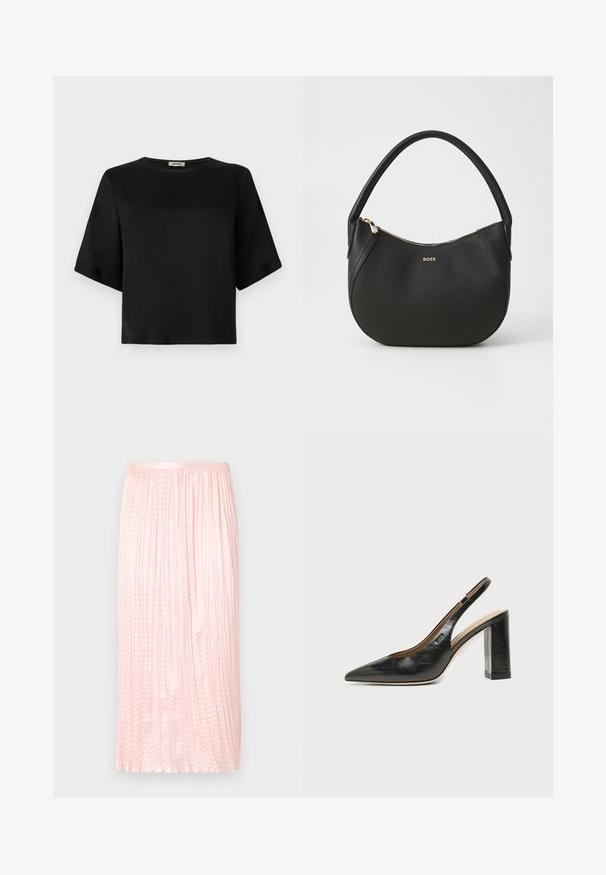 Zwarte, kortekappen top met een ronde halslijn, gemaakt van een gladde stof. Het ontwerp heeft een boxy silhouet en een nette afwerking.; Plissé midi-rok in zachtroze, met een soepele textuur en een elastische tailleband. Ontworpen met verticale plooien voor een vloeiende uitstraling.; Zwarte leren slingback schoen met spits toelopend neusje, hoge blokhak en beige binnenvoering tegen een effen lichte achtergrond.; Zwarte leren handtas met een afgeronde vorm en een enkele bovenhandgreep. Voorzien van een ritssluiting en een subtiele gouden logo aan de voorkant.
