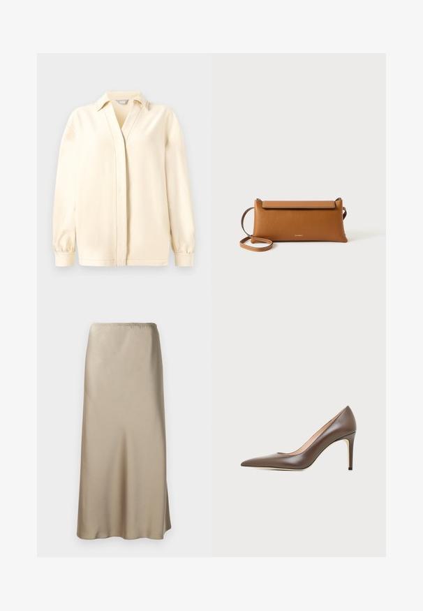 Cremefarvet langærmet bluse med krave, der har en V-halsskjæring, blød texture og samlede manchetter. Lige kant med subtile syningsdetaljer.; Satin midi nederdel i lys beige med elastisk talje, glat tekstur og en flydende A-form. Ingen synlige mønstre eller hardware.; Brun læder peptået højhælet sko med en slank stilethæl og glat finish på en lys baggrund.; Brun læder clutch taske, rektangulær form, tekstureret overflade, aftagelig rem, lynlås lukning, diskret logo præget på forsiden.