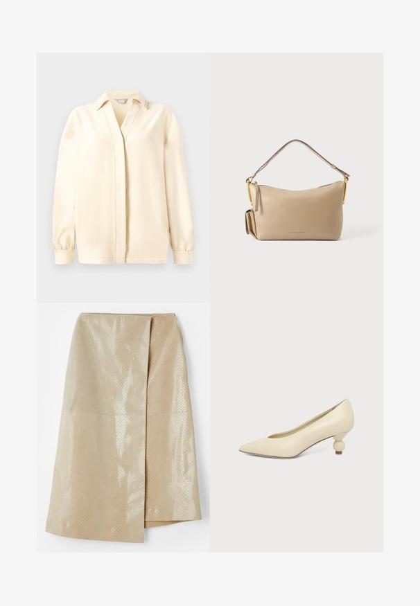 Cremefarvet langærmet bluse med krave, der har en V-halsskjæring, blød texture og samlede manchetter. Lige kant med subtile syningsdetaljer.; Beige faux læder nederdel med et glat, struktureret slangeskinds mønster; har et omslag design og en sideslids for ekstra detaljer.; Kremfarvet damesko med spids snude og lav hæl, hvor hælen er rund og kugleformet, på en ensfarvet baggrund.; Beige rektangulær lædertaske med enkelt rem, guldfarvet hardware og lille sidelomme, mærket Marc Jacobs foran i midten.