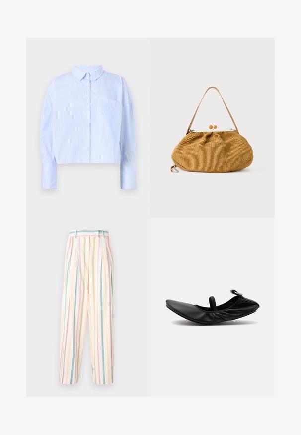 Korte button-up shirt in lichtblauw met witte verticale strepen, het heeft een spread collar en een borstzak. Zachte stoffen textuur.; Gestreepte wijde broek van katoen, met pasteltinten van roze, geel, groen en blauw, met plooien en een ontspannen pasvorm.; Zwarte gevouwen leren ballerina platte schoen met een enkele band en zilveren gesp op een effen lichte achtergrond.; Bruine geweven handtas met een afgeronde vorm, houten bolklemsluiting en een enkele dunne leren schouderriem.