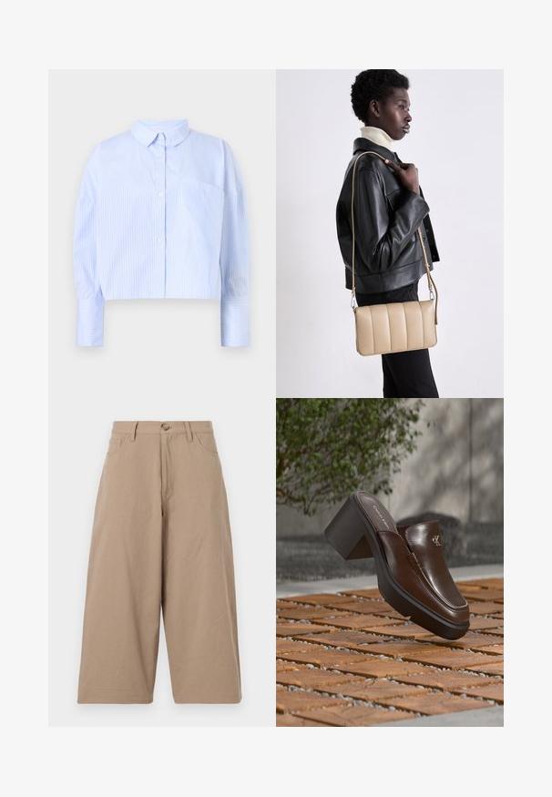 Korte button-up shirt in lichtblauw met witte verticale strepen, het heeft een spread collar en een borstzak. Zachte stoffen textuur.; Kaki wijde broek van katoen, met een hoge taille, voorzakken en een enkele knoopsluiting. Soepele textuur en rechte snit.; Bruine leren Calvin Klein mule met hak die boven houten tegelvloer zweeft met een vervaagde groene plant en muur op de achtergrond.; Beige leren crossbody tas met een gequilt ontwerp, rechthoekige vorm, dunne schouderband en zilverkleurige hardware, gedragen door een persoon in een zwarte jas.