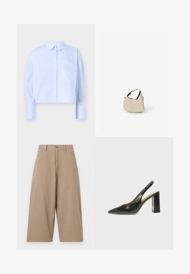Korte button-up shirt in lichtblauw met witte verticale strepen, het heeft een spread collar en een borstzak. Zachte stoffen textuur.; Kaki wijde broek van katoen, met een hoge taille, voorzakken en een enkele knoopsluiting. Soepele textuur en rechte snit.; Zwarte leren slingback schoen met spits toelopend neusje, hoge blokhak en beige binnenvoering tegen een effen lichte achtergrond.; Beige leren handtas in halvemaanvorm met een enkele schouderband en minimale stiksels, afgebeeld tegen een effen witte achtergrond.