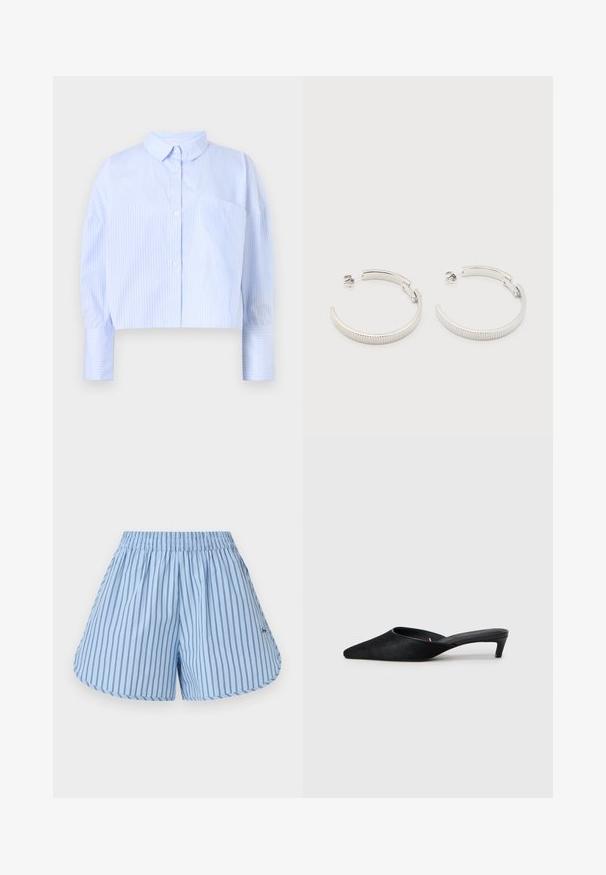Camisa de botones cortada en azul claro con rayas verticales blancas, que presenta un cuello desplegado y un bolsillo en el pecho. Textura de tela suave.; Pantalones cortos azul claro con finas rayas negras verticales, cintura elástica y dobladillos redondeados.; Mules de ante negro con puntera afilada y tacón bajo. Presentan una textura suave y una parte trasera abierta para facilitar su uso. Diseño sencillo sin patrones.; Pendientes de aro semicírculo en tono plateado con textura acanalada y cierre de presión sobre fondo blanco.