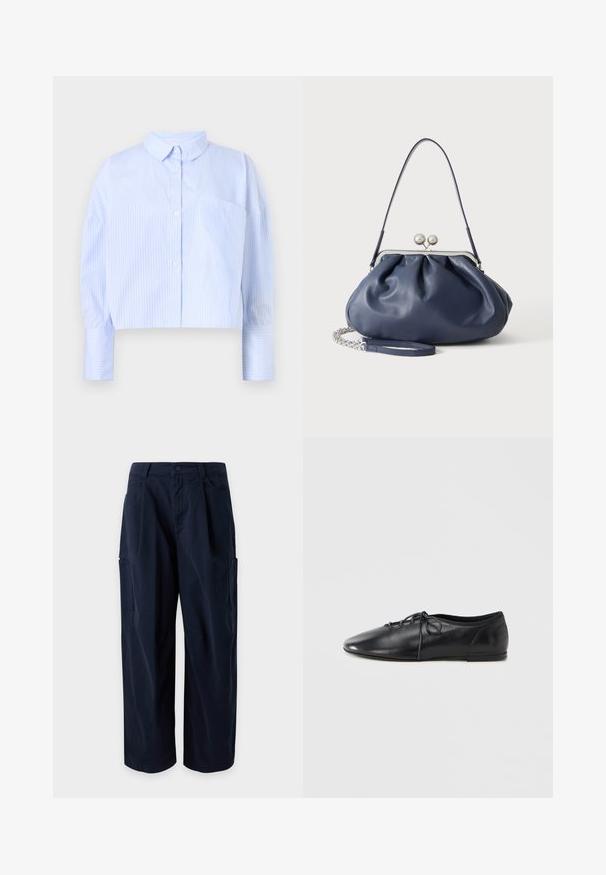 Korte button-up shirt in lichtblauw met witte verticale strepen, het heeft een spread collar en een borstzak. Zachte stoffen textuur.; Marineblauwe cargobroek met wijde pijpen, riemlussen, voorsluiting, zijzakken en twee grote dijzakken, getoond tegen een effen achtergrond.; Zwart leren platte schoen met een spitse neus, met veters aan de voorkant en een zachte textuur. Laag profiel ontwerp, minimale hardware details.; Zachte navyblauwe leren handtas met zilveren sluiting, enkele schouderband en afneembare ketting polsband op witte achtergrond.