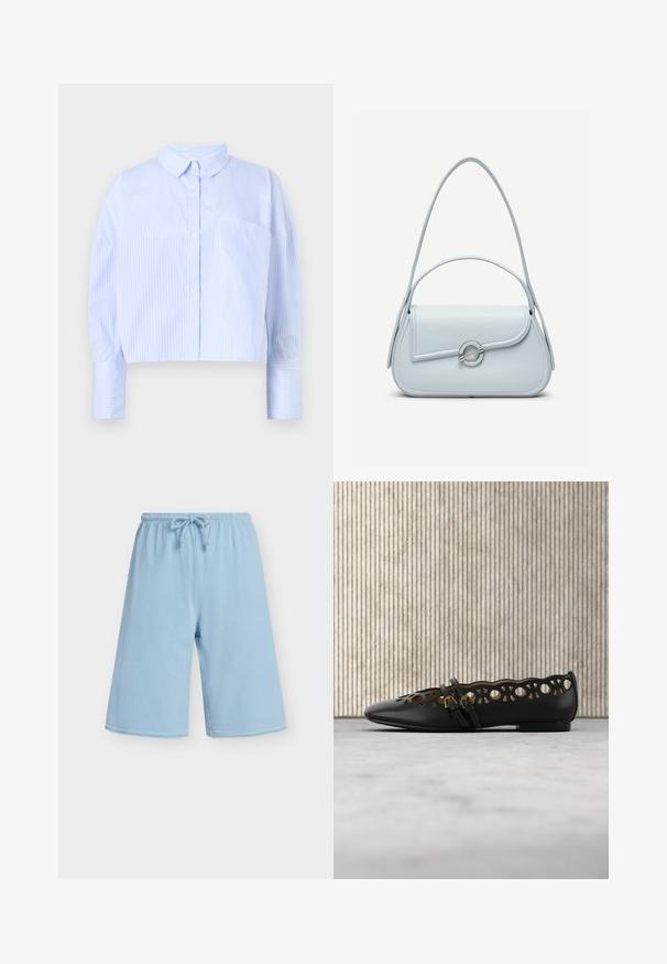 Gekürzte Hemdbluse in Hellblau mit weißen vertikalen Streifen, ausgestattet mit einem Kentkragen und einer Brusttasche. Weicher Stoff.; Hellblaue Shorts mit elastischem Bund und verstellbarem Kordelzug, locker geschnitten, für den Freizeitgebrauch.; Schwarzer flacher Lederschuh mit geometrischen Aussparungen und zwei kleinen goldenen Schnallenriemen, platziert auf einem beigen Teppich und in der Nähe eines braunen runden Tisches.; Hellblaue Lederhandtasche mit abgerundetem Überschlag, silbernem, rundem Verschluss und zwei Schulterriemen vor einfarbigem Hintergrund.
