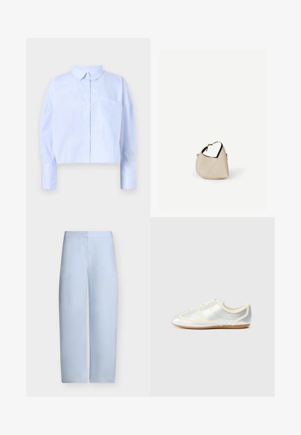 Camisa de botones cortada en azul claro con rayas verticales blancas, que presenta un cuello desplegado y un bolsillo en el pecho. Textura de tela suave.; Pantalones de pierna ancha y cintura alta en azul claro, con parte delantera lisa y sin bolsillos ni adornos visibles.; Zapatillas sintéticas plateadas con detalles en crema, perfil bajo, puntera redonda y suela de goma plana; cuentan con costuras clásicas y cierre de cordones.; Bolso de cuero beige en forma de media luna con una sola correa para el hombro y costuras mínimas, colocado sobre un fondo blanco liso.