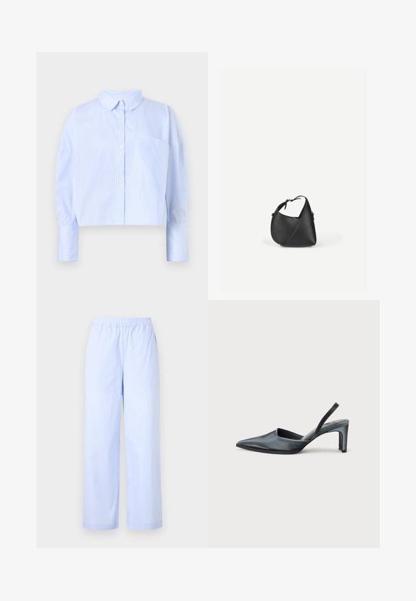 Korte button-up shirt in lichtblauw met witte verticale strepen, het heeft een spread collar en een borstzak. Zachte stoffen textuur.; Lichtblauwe gestreepte broek met een elastische tailleband, wijde pijpen, zijzakken en een gladde textuur. Geen extra versieringen.; Zwarte slingback hak met een puntige neus, een gladde satijnen afwerking en een slanke hak van 7,5 cm. Open zijkantontwerp met minimale stikdetails.; Zwarte lederen schoudertas met een afgeronde driehoekige vorm en verstelbare riem op een effen lichte achtergrond.