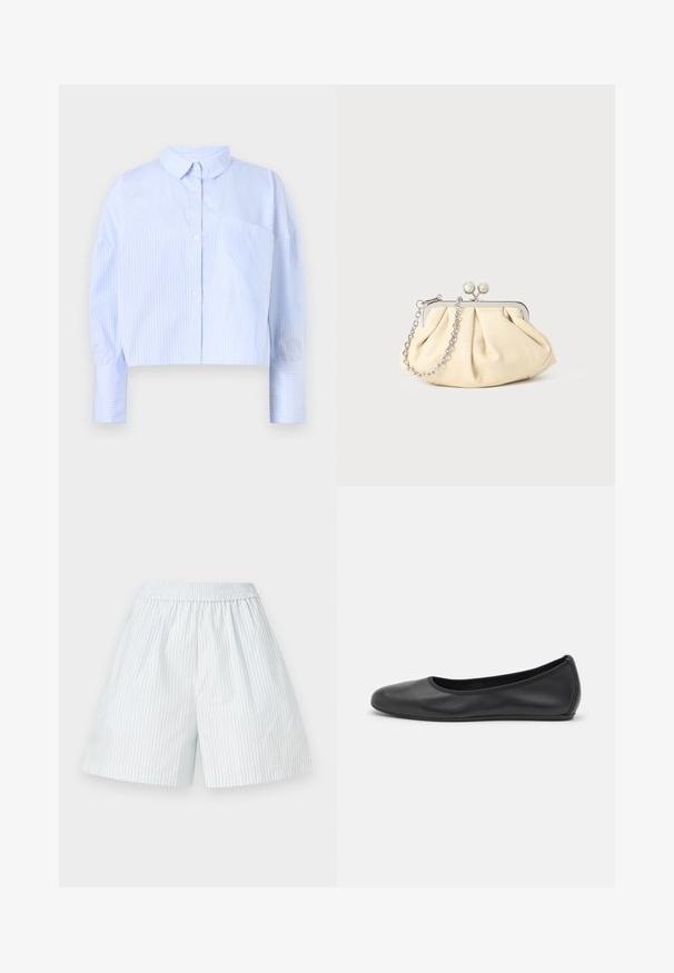 Korte button-up shirt in lichtblauw met witte verticale strepen, het heeft een spread collar en een borstzak. Zachte stoffen textuur.; Lichtblauwe gestreepte shorts met een elastische tailleband. Gemaakt van een gladde stof, met verticale witte strepen en een losse pasvorm.; Zwarte leren ballerina met een ronde neus, gladde textuur, minimale stikdetails en een flexibele zoolontwerp.; Geplooide beige leren clutch met een zilveren metalen frame, voorzien van twee ronde decoratieve sluitingen en een zilveren kettingriem.