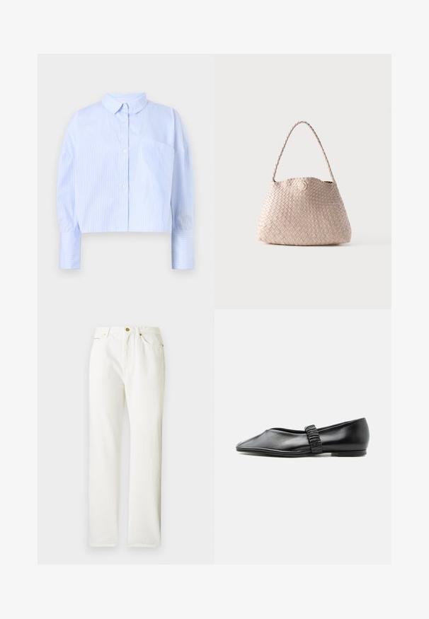 Camisa de botones cortada en azul claro con rayas verticales blancas, que presenta un cuello desplegado y un bolsillo en el pecho. Textura de tela suave.; Pantalones de mezclilla blancos con diseño de pierna recta, que presentan un cierre delantero de botón y una textura sutil. Incluyen bolsillos laterales y un hardware mínimo.; Zapato plano de cuero negro con una correa fruncida en la parte superior y una punta ligeramente afilada, mostrado sobre un fondo liso.; Bolso de hombro de cuero tejido beige con forma redondeada y asa trenzada, con un pequeño cierre de botón circular de cuero.