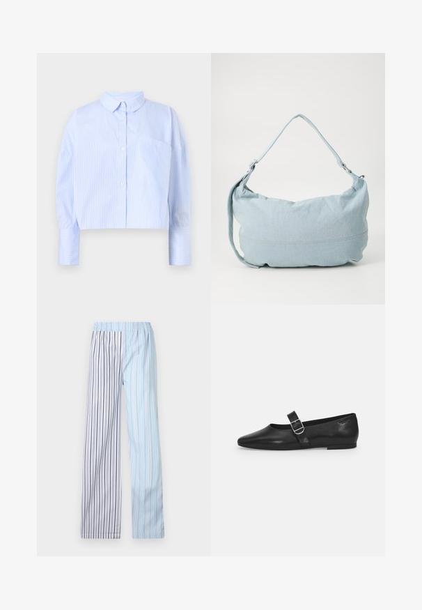 Korte button-up shirt in lichtblauw met witte verticale strepen, het heeft een spread collar en een borstzak. Zachte stoffen textuur.; Lichtgewicht gestreepte broeken met een elastische tailleband; heeft afwisselend lichtblauwe en witte strepen met dunne grijze accenten.; Zwarte leren platte schoen met een ronde neus, een enkele verstelbare gespsluiting en een gladde, glanzende textuur. Minimalistisch ontwerp met een lage hak.; Lichtblauwe denim schoudertas met een ronde vorm, verstelbare schouderband en subtiele stiksels langs de onderrand. Zachte textuur.