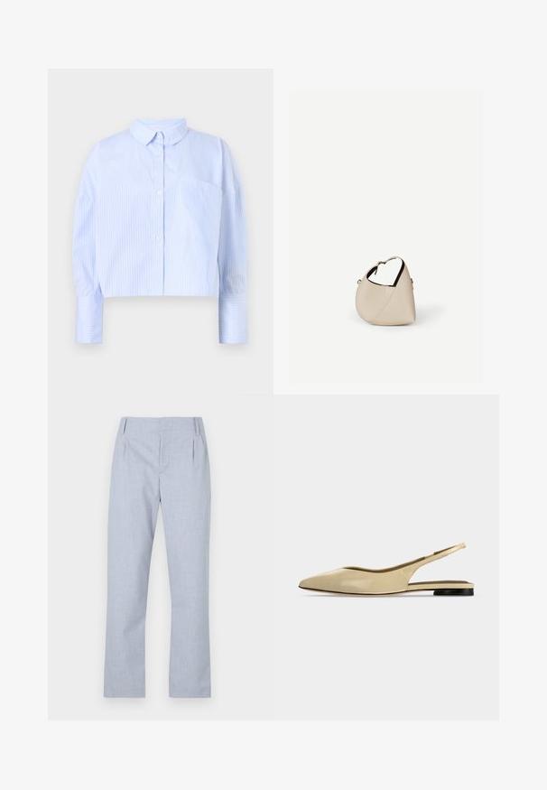 Korte button-up shirt in lichtblauw met witte verticale strepen, het heeft een spread collar en een borstzak. Zachte stoffen textuur.; Lichtblauwe op maat gemaakte broek met een gladde stof, recht design en twee voorkezen. Heeft subtiele plooien bij de taille.; Beige platte slingback schoen met puntige neus, lage zwarte hak en een glad leren afwerking, zijaanzicht op een effen achtergrond.; Beige leren handtas in halvemaanvorm met een enkele schouderband en minimale stiksels, afgebeeld tegen een effen witte achtergrond.