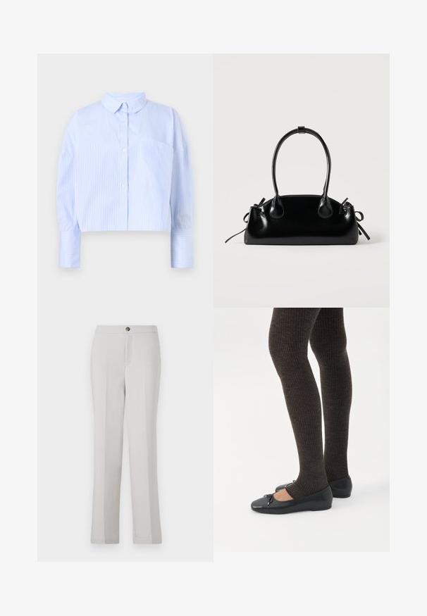 Gekürzte Hemdbluse in Hellblau mit weißen vertikalen Streifen, ausgestattet mit einem Kentkragen und einer Brusttasche. Weicher Stoff.; Hellegraue gerade geschnittene Hose aus glattem Stoff, mit einer Frontknopfverschluss, seitlichen Taschen und einer taillierten Passform.; Beine in dunklen, gerippten Leggings kombiniert mit schwarzen Ballerinas mit kleinen Schleifendetails auf weißem Hintergrund.; Kleine schwarze glänzende Handtasche mit zwei langen Griffen und seitlichen Kordelzug-Details vor einfachem hellem Hintergrund.