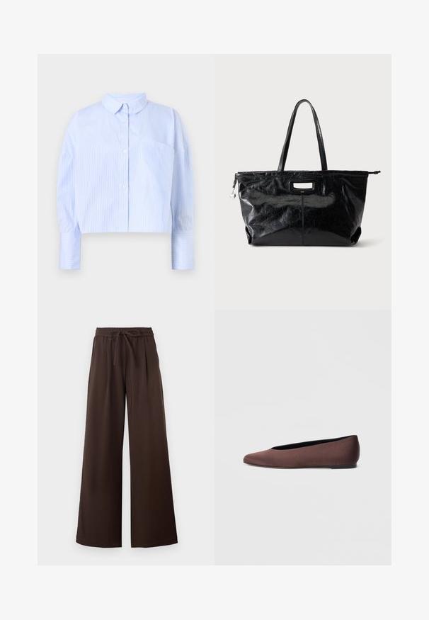Gekürzte Hemdbluse in Hellblau mit weißen vertikalen Streifen, ausgestattet mit einem Kentkragen und einer Brusttasche. Weicher Stoff.; Dunkelbraune Hose mit weitem Bein, elastischem Bund und Kordelzug vorne, flach auf weißem Hintergrund präsentiert.; Braune Ballettschuhe aus Stoff mit spitz zulaufender Spitze und glatter Textur, ausgestattet mit einem niedrigen Rückenteil und einer dünnen schwarzen Sohle. Keine sichtbaren Muster oder Verzierungen.; Große schwarze Tragetasche mit langen Griffen, strukturierter Oberfläche, rechteckigem Ausschnittgriff und kleinem Herzanhänger am seitlichen Reißverschluss.