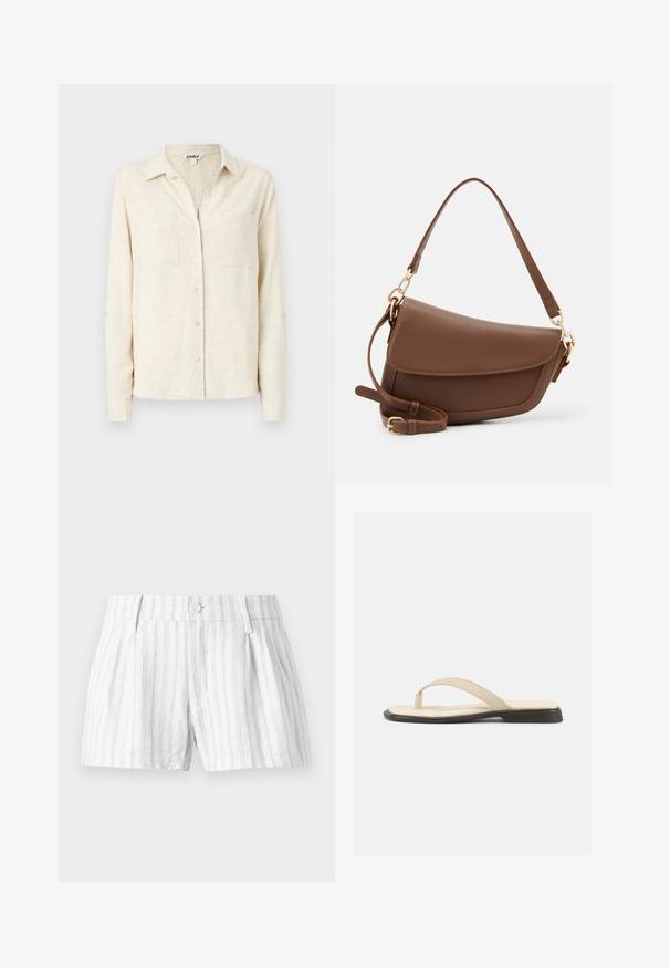 Chemise à manches longues beige clair avec col, deux poches poitrine et un fini en tissu texturé.; Shorts en coton blanc avec des rayures verticales gris clair, dotés d'une fermeture à bouton, de plis et de poches latérales. Design simple et décontracté.; Sandale plate beige à bride en forme de tongs avec une semelle intérieure rembourrée et une semelle noire, vue de côté sur fond blanc.; Sac à épaule en cuir marron avec une finition texturée, forme courbée, quincaillerie dorée, bandoulière réglable et fermeture à rabat.