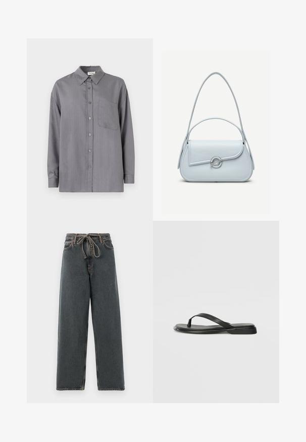 Graues Hemd mit Knöpfen und Kragen, langärmlig, mit einer Brusttasche und dezenten rosa vertikalen Streifen. Glatte Stofftextur.; Dunkelblaue Schlagjeans mit einem Kordelzugbund, sichtbaren Nähten und einer glatten Textur. Sie bieten eine lockere Passform und gerade Beine.; Schwarze Flip-Flops aus glattem Leder, mit einem dünnen Riemendesign und einer flachen Sohle mit minimalem Profil. Keine bemerkenswerten Muster oder Akzente.; Hellblaue Lederhandtasche mit abgerundetem Überschlag, silbernem, rundem Verschluss und zwei Schulterriemen vor einfarbigem Hintergrund.