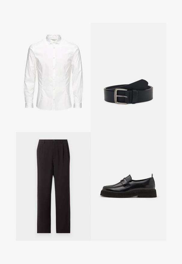 Chemise blanche à manches longues avec boutons, fabriquée dans un tissu lisse. Dotée d'un col classique, de boutons sur le devant et de poignets à un bouton. Design ajusté.; Pantalon noir taille haute sur mesure avec plis, fermeture par boutons, passants de ceinture et jambes droites sur un fond clair uni.; Chaussures en cuir noir de style mocassin avec une semelle plate et texturée, présentant un bout piqué et une sangle traversant le cou-de-pied.; Ceinture en cuir noir avec une boucle en métal argenté, présentant une finition lisse et un design classique. La ceinture est enroulée avec l'extrémité pointée.