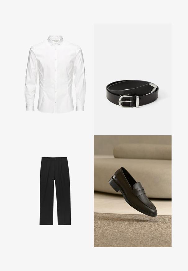 Chemise blanche à manches longues avec boutons, fabriquée dans un tissu lisse. Dotée d'un col classique, de boutons sur le devant et de poignets à un bouton. Design ajusté.; Pantalons noirs au design droit, fabriqués à partir d'un tissu lisse. Dotés de plis sur le devant et d'une fermeture à un bouton à la taille.; Chaussure loafer en cuir noir reposant sur un tapis beige avec un canapé beige courbé en arrière-plan.; Ceinture en cuir noir avec une boucle en métal argenté, présentant un design classique et une texture lisse. Comprend des trous pour un ajustement flexible.