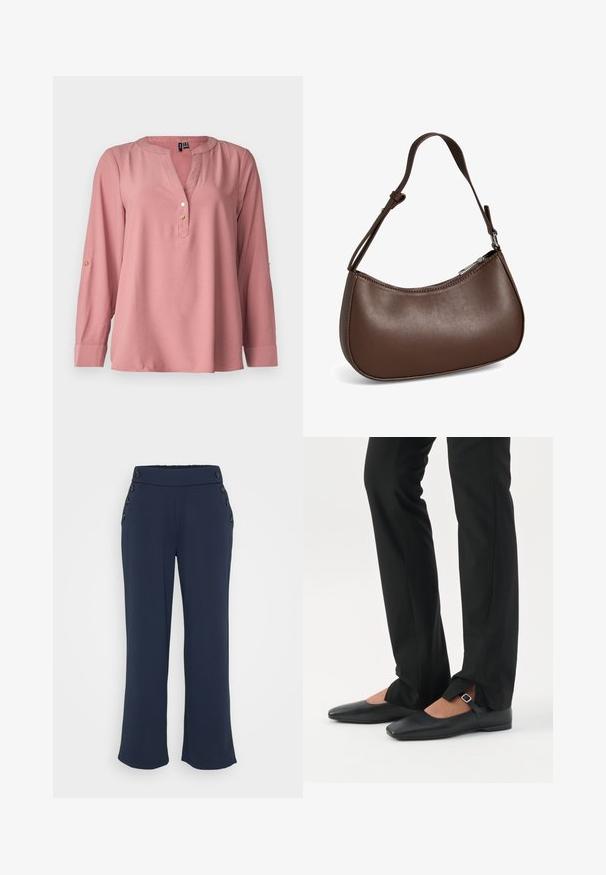 Blouse à manches longues de couleur rose, avec un col en V, un col arrondi, trois boutons dorés et des manches à onglets roulées. Tissu lisse avec une texture minimale.; Pantalon bleu marine à jambes larges, taille haute, avec des boutons noirs décoratifs sur les deux hanches.; Jambes vêtues d’un pantalon slim noir avec des fentes à l’avant de l’ourlet, assorties à des chaussures plates Mary Jane noires avec une petite bride à boucle.; Petit sac bandoulière en cuir marron avec sangle réglable et fermeture éclair, présenté sur fond blanc. Aucun logo ou décoration visible.