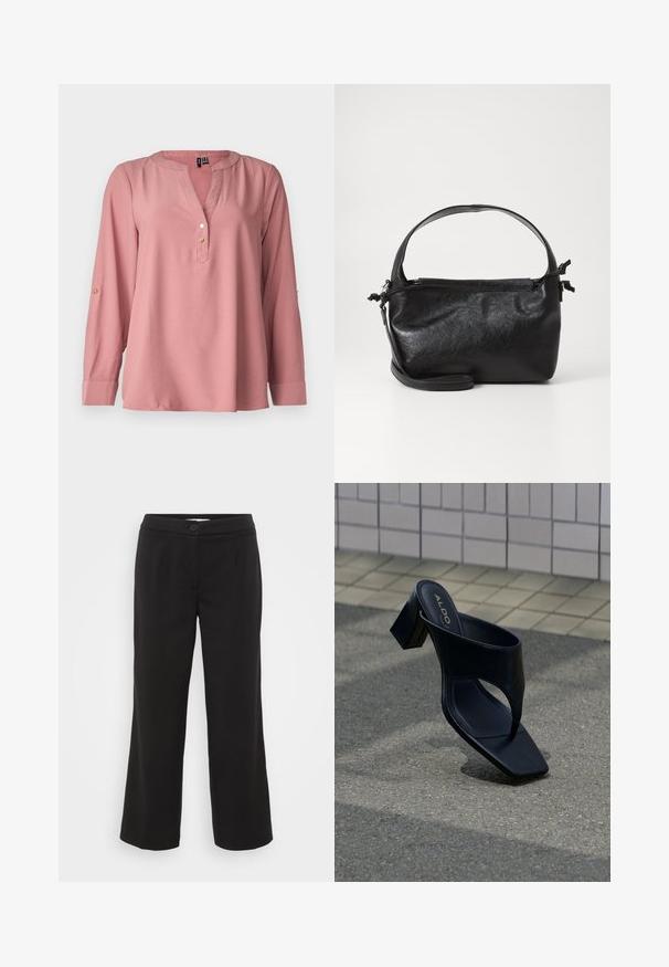 Blouse à manches longues de couleur rose, avec un col en V, un col arrondi, trois boutons dorés et des manches à onglets roulées. Tissu lisse avec une texture minimale.; Pantalons larges noirs avec une texture lisse, fermeture à un bouton, poches latérales et coupe ajustée. Aucune motif visible ni matériel.; Sandale à talon noire avec bout carré et large bride, posée sur un bitume gris près d'un mur carrelé.; Sac à main en cuir noir au design structuré, avec une poignée arrondie et une bandoulière amovible. Présente une texture lisse et un éclat subtil.