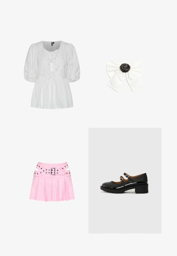 Blusa blanca de manga abullonada hecha de algodón, con escote redondo y un detalle de lazo en la parte frontal, además de una cintura fruncida para un ajuste relajado.; Minifalda plisada rosa con cinturilla ancha de doble capa, hebilla plateada y múltiples ojales para sujeción y decoración.; Zapatos Mary Jane de charol negro con dos correas ajustables, puntera redonda y tacón de goma grueso con un patrón de firmeza texturizado.; Lazo de tela blanca con el centro en forma de roseta negra adornado con pequeñas cuentas plateadas sobre un fondo blanco liso.