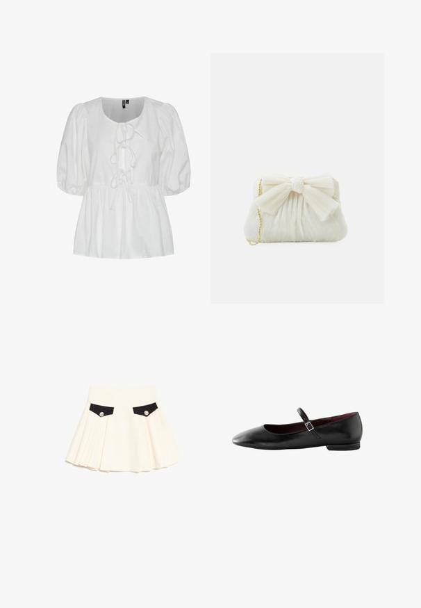 Blusa blanca de manga abullonada hecha de algodón, con escote redondo y un detalle de lazo en la parte frontal, además de una cintura fruncida para un ajuste relajado.; Falda plisada color crema con solapas negras en los bolsillos delanteros, cada una asegurada por un solo botón decorativo plateado.; Zapato plano Mary Jane de cuero negro con una pequeña correa con hebilla y punta puntiaguda.; Bolso de mano plisado blanco con un destacado detalle de lazo y una correa de cadena dorada. Textura suave con un diseño fruncido en la parte frontal.