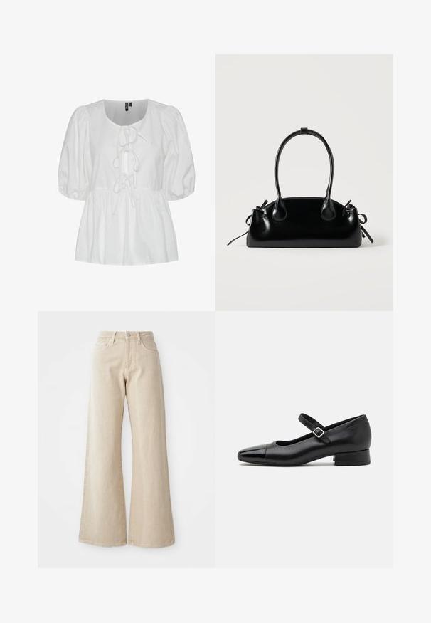Blusa blanca de manga abullonada hecha de algodón, con escote redondo y un detalle de lazo en la parte frontal, además de una cintura fruncida para un ajuste relajado.; Jeans de mezclilla anchos en color beige, con una cintura alta, bolsillos frontales y un diseño liso sin patrones ni acentos.; Zapatos Mary Jane de cuero negro con puntera de charol, correa de tobillo ajustable y tacón bajo. Textura suave y diseño elegante.; Pequeño bolso negro brillante con dos asas largas y detalles de cordón lateral sobre un fondo claro liso.