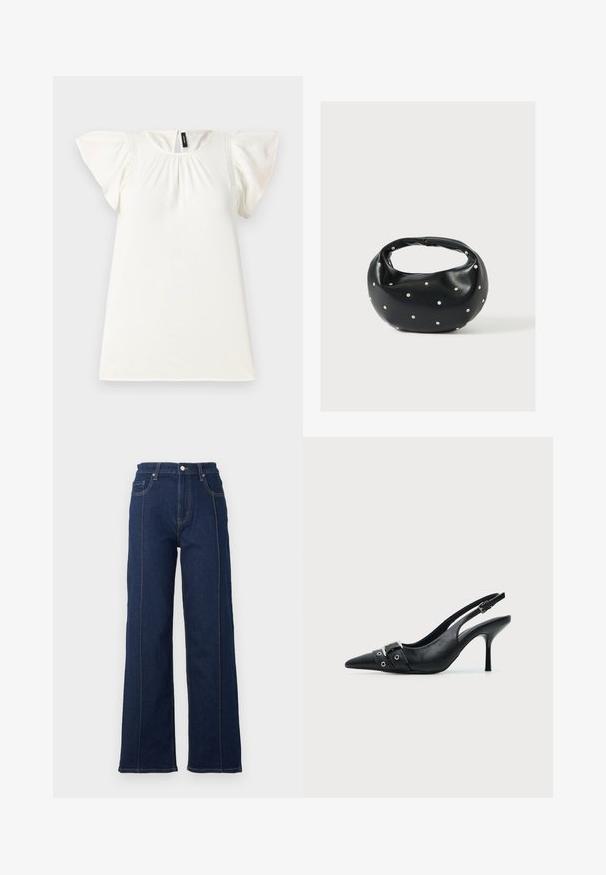 Top corto de manga corta blanca con escote recogido y mangas acampanadas, que presenta sutiles detalles de costura en los hombros. Textura suave.; Jeans de mezclilla de corte ancho en color azul oscuro con costuras prominentes, tiro alto y cinco bolsillos. Presenta un cierre frontal con botón y cremallera.; Zapato de tacón alto tipo slingback de piel negra con puntera puntiaguda, con hebilla y detalle de tira con ojetes en la parte delantera.; Bolso de mano de cuero negro con forma redondeada, decorado con detalles de tachuelas plateadas y un asa corta. Textura lisa y cierre con cremallera.
