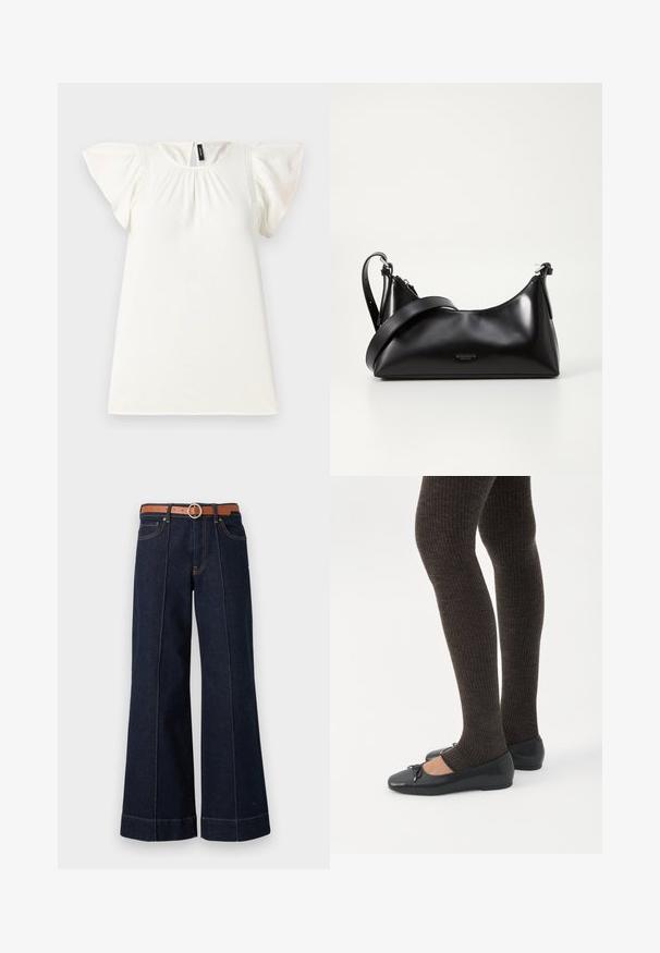 Haut blanc à manches courtes avec encolure froncée et manches flottantes, présentant de subtils accents de couture sur les épaules. Texture lisse.; Jean large en denim bleu foncé avec taille haute, ceinture marron et détails de couture visibles. Comprend des poches avant et une coupe décontractée.; Jambes portant des leggings côtelés foncés associés à des ballerines noires avec de petits détails en nœud sur fond blanc.; Sac à main en cuir noir avec une texture lisse. Dispose d'une bandoulière adjustable et d'un design élégant et minimaliste avec une fermeture éclair.