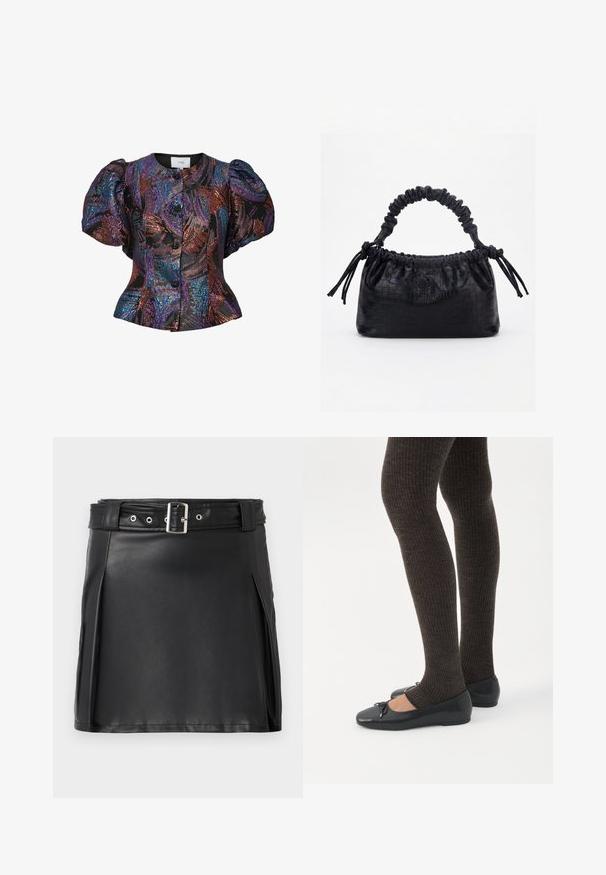 Blouse à manches bouffantes noire avec des motifs de sequins multicolores, dotée d'un col rond et d'une fermeture par boutons sur le devant. Tissu texturé.; Jupe mini en faux cuir noir avec un design ajusté, des plis latéraux et une ceinture avec une boucle argentée et des œillets. Texture lisse, taille haute.; Jambes portant des leggings côtelés foncés associés à des ballerines noires avec de petits détails en nœud sur fond blanc.; Sac à main noir avec texture crocodile, bord supérieur froncé, poignée plissée et pompons à cordon de chaque côté sur fond blanc.