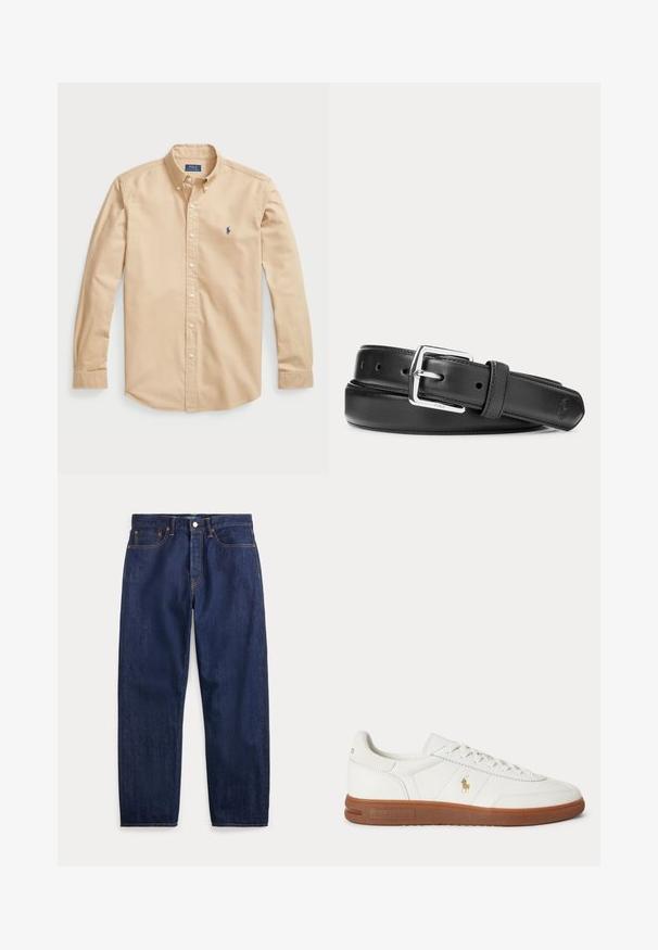 Chemise boutonnée beige clair en coton, avec un col classique, des manches longues, des boutons blancs et un petit logo bleu sur la poitrine.; Jean en denim bleu foncé avec jambes droites, cinq poches, fermeture par bouton et coutures visibles.; Baskets basses blanches avec semelle marron, lacets à l'avant, et petit logo doré Polo Ralph Lauren sur le côté.; Ceinture en cuir noir avec boucle rectangulaire argentée, roulée sur un fond blanc, avec un logo embossé subtil à l'extrémité.