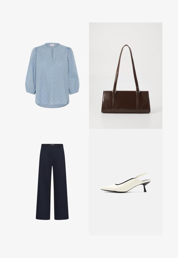 Kaffe KAENYA 3/4 SLEEVELESS - Blouse - windward blue; Pantalon large bleu marine avec passants de ceinture et une seule poche passepoilée à l'arrière, conçu pour une coupe droite et ample.; Chaussure slingback pointue couleur crème avec petit talon noir style escarpin bas et finition en cuir lisse sur fond blanc.; Sac à main en cuir verni marron de forme rectangulaire, avec deux longues poignées et des accents courbés subtils à l'avant.