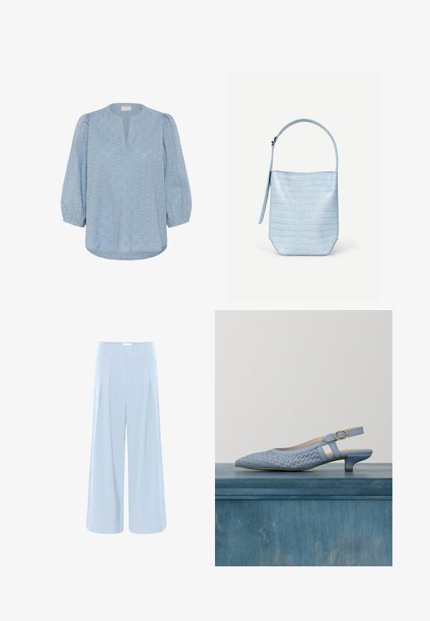 Kaffe KAENYA 3/4 SLEEVELESS - Blouse - windward blue; Pantalon large bleu clair avec plis à l'avant et poches latérales, doté d'une taille haute et de passants pour ceinture.; Chaussure slingback tissée bleu clair avec un bout pointu, un petit talon et un accent de boucle dorée. Tige en cuir lisse et semelle intérieure beige.; Sac à main bleu clair avec texture crocodile, forme rectangulaire, poignée unique en haut et une bandoulière latérale suspendue sur un fond blanc uni.