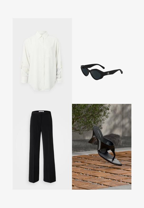 Chemise blanche à manches longues avec col, poche poitrine unique et manches retroussées. Tissu doux et lisse avec une coupe décontractée.; Pantalon large noir avec une texture lisse, muni d'une taille ajustée et d'un design minimaliste. Pas de motifs ou d'accents visibles.; Sandale à talon noire Calvin Klein en forme de tongs flottant au-dessus d'une surface extérieure carrelée avec de la verdure et un mur en béton en arrière-plan.; Lunettes de soleil cat-eye noires avec une finition brillante, des verres sombres et un logo "cK" sur la branche. Design angulaire et montures épaisses.