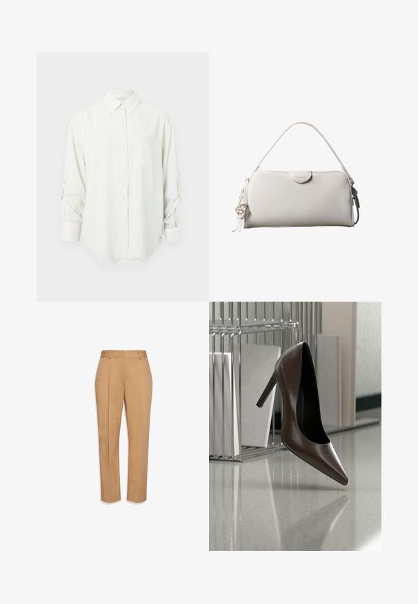Chemise blanche à manches longues avec col, poche poitrine unique et manches retroussées. Tissu doux et lisse avec une coupe décontractée.; Pantalon beige à jambes droites avec passants de ceinture, taille haute et plis avant marqués, présenté sur un fond blanc.; Chaussure en cuir marron foncé à talon haut flottant au-dessus d'un sol réfléchissant près d'une étagère métallique avec des panneaux blancs dans une pièce.; Sac à main rectangulaire blanc Calvin Klein avec une seule poignée, design minimaliste et pampilles décoratives avec un charm métallique géométrique sur le côté.