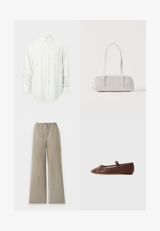Chemise blanche à manches longues avec col, poche poitrine unique et manches retroussées. Tissu doux et lisse avec une coupe décontractée.; Pantalon beige à jambes larges avec taille élastique et fermeture par bouton, tissu lisse, détail de couture à l'avant, sur fond blanc.; Ballerine en cuir tressé marron avec un bout rond, un petit nœud décoratif et une sangle élastique autour de la cheville pour un maintien sécurisé.; Sac d'épaule rectangulaire blanc avec des bretelles longues et fines, couture minimale, et fermeture éclair sur un fond uni.