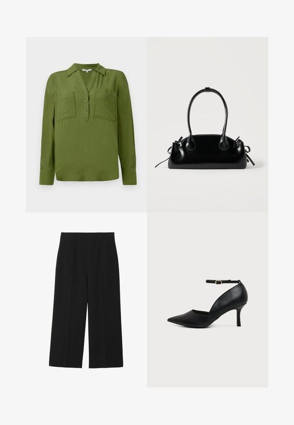 TOM TAILOR BLOUSE STRUCTURED SOLID - Μπλούζα - deep ivy green; Μαύρο παντελόνι σε άνετη γραμμή με μαλακό ύφασμα, διαθέτει δύο μπροστινές τσέπες, επίπεδο μπροστινό μέρος και φερμουάρ στο πλάι.; Μαύρο δερμάτινο παπούτσι με μυτερή μύτη, χαμηλό τακούνι kitten, λουράκι στον αστράγαλο και χρυσή αγκράφα σε ουδέτερο φόντο.; Μικρή μαύρη γυαλιστερή τσάντα με δύο μακριές λαβές και λεπτομέρειες με ρυθμιζόμενο κορδόνι στο πλάι σε απλό ανοιχτό φόντο.